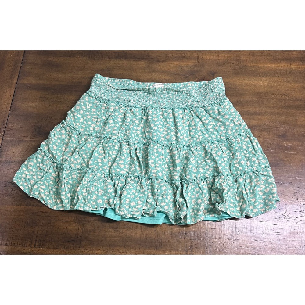 American Eagle Teal Floral Tiered Ruffle Smocked Mini Skirt Womens Size Medium - Picture 1 of 6